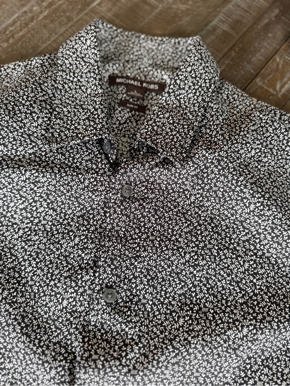 Michael Kors Black Shirt with White Micro-Leaf Print